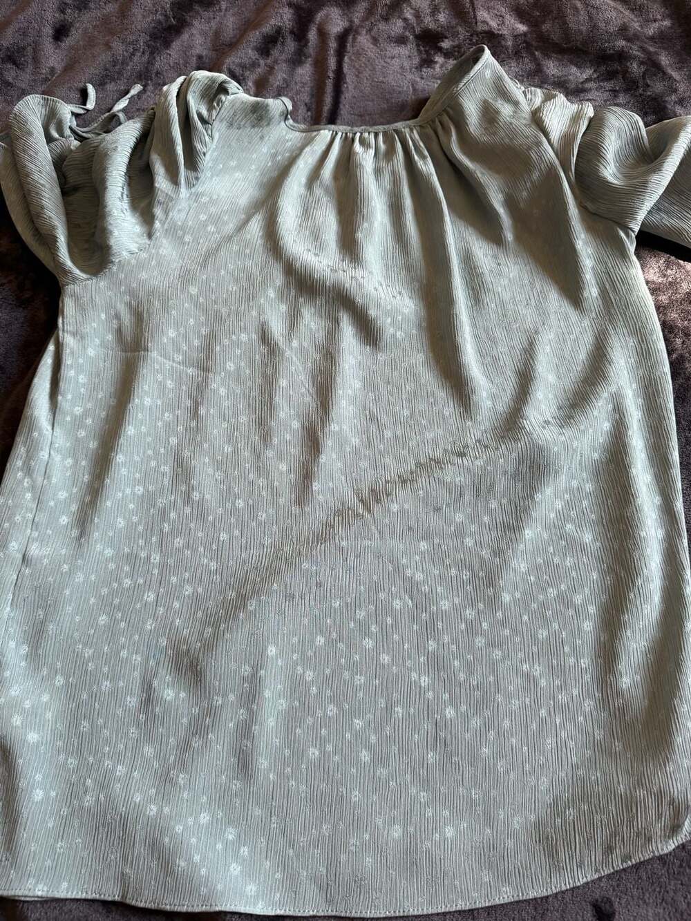 Max Studio Sage Green Shimmer Daisy Dot Short Ruffle Sleeve Blouse Top Medium - Picture 7 of 8